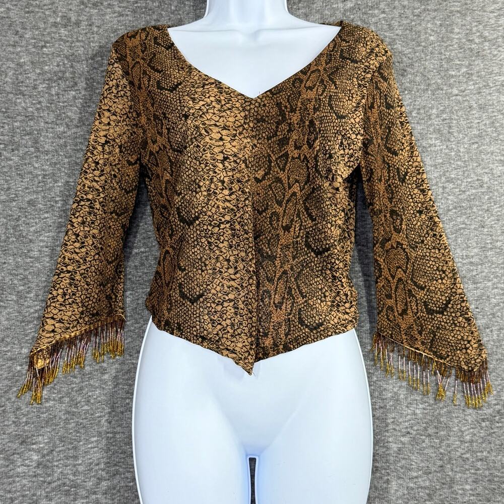 VTG 90s Y2K Rave City Fringe Mesh Top Size Large Brown Snake Skin